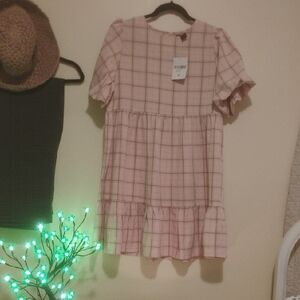 Forever 21 Light Pink Plaid Tiered Short Sleeve Dress